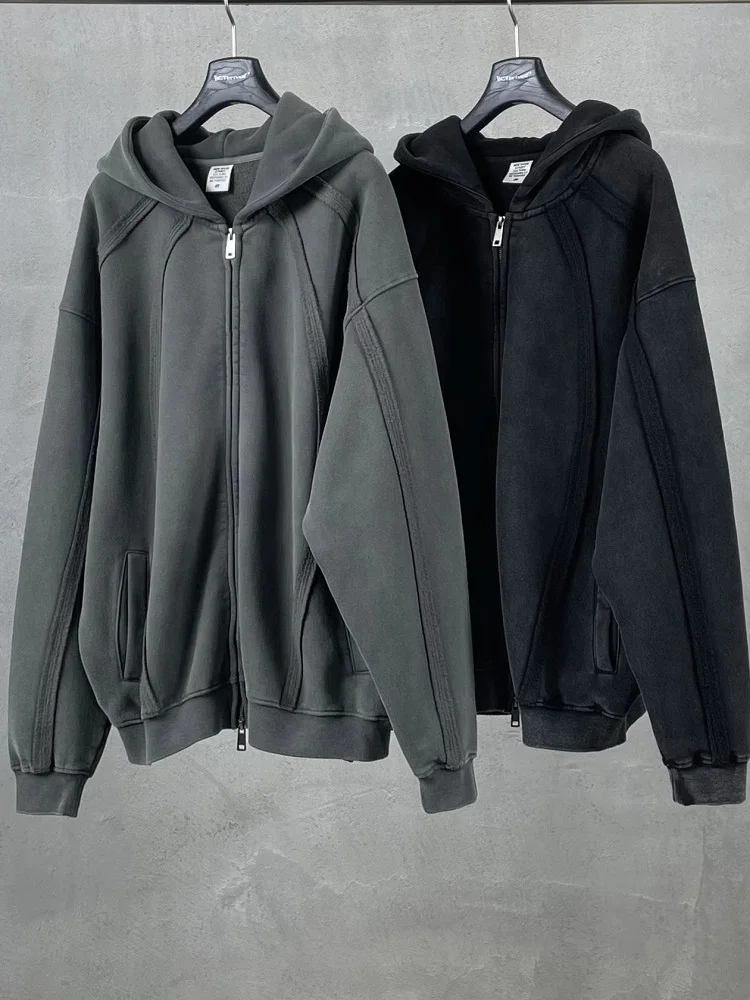 

Oversize American Deconstructed Hoodie Double Zipper Fce Men's Jaet Vintage Splicing Cardigan Warm Casual Long Sve