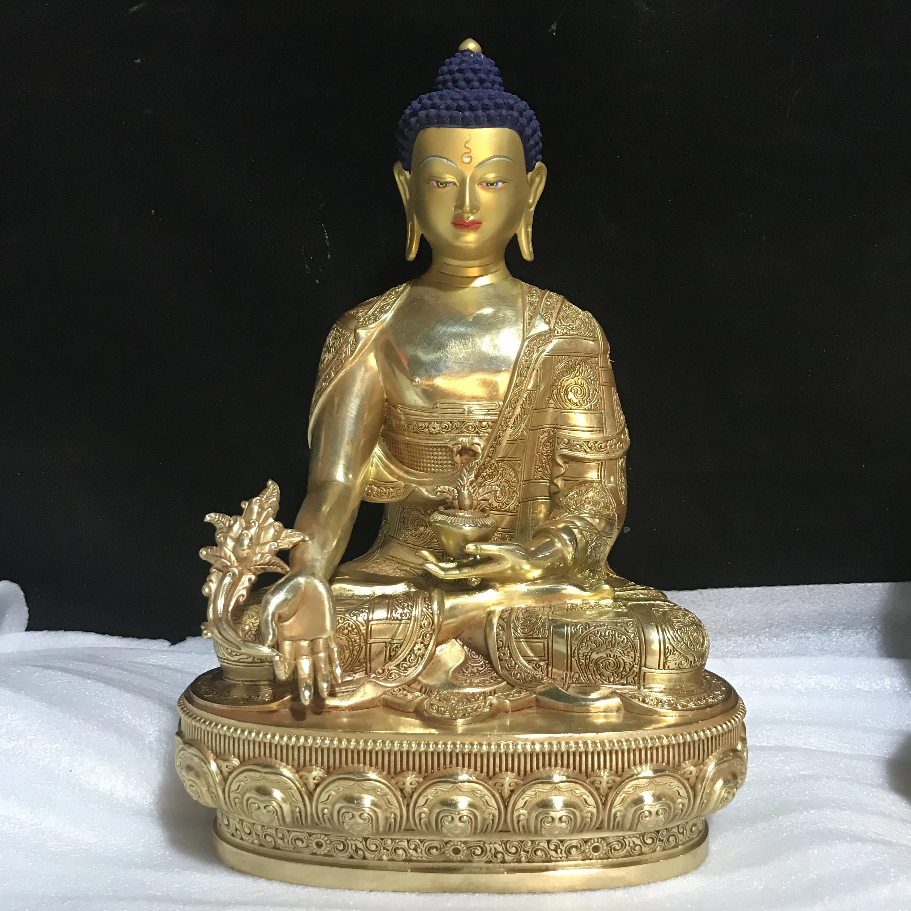 10 inch Xizang Crafts Tibetan Tantric Pure Copper Gilded Sakyamuni Buddha Herbalist Buddha Amitabha Buddha Statue Decoration