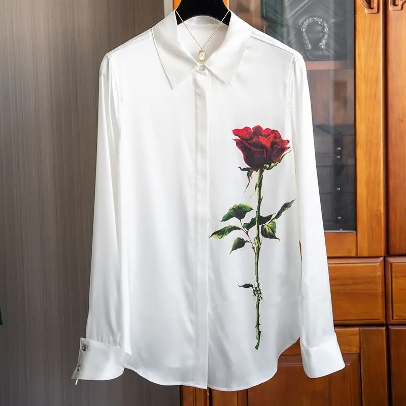 

Women's Red Rose Print Long Sleeve Satin Shirt Turn-Down Collar Elegant Casual Blouse