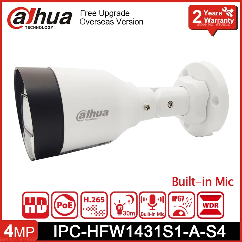 Dahua-cámara de vigilancia IP tipo bala, videocámara de seguridad IR 30m IP67 con micrófono incorporado, 4MP, POE, IPC-HFW1431S1-A-S4 de repuesto, Original