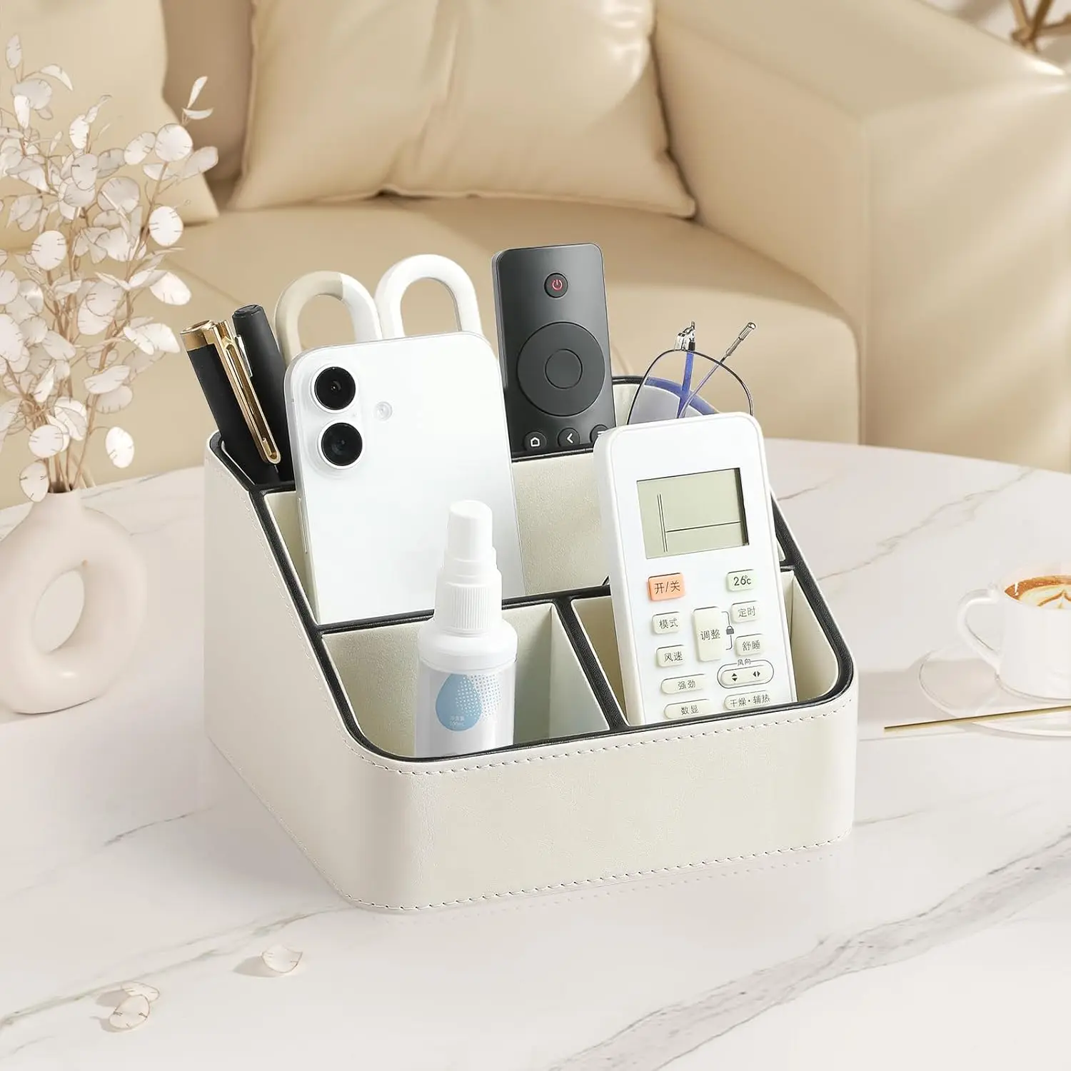 Remote Control Holder, PU Leather Small Desk Organizer Stylish Cute Desktop Organizer for Home Office Desk Accessories,