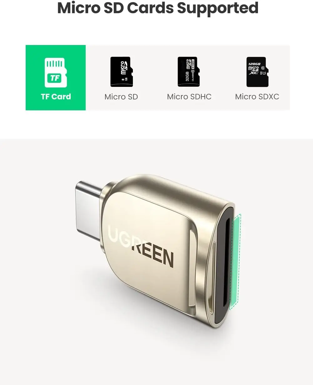 UGREEN USB C マイクロカードリーダー、亜鉛合金製外部ポータブルSDカードリーダー付きType C - マイクロカードアダプター