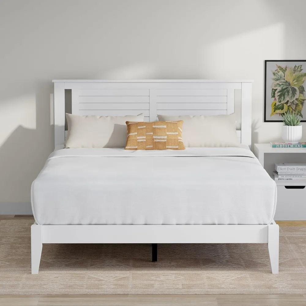 

Serene Farmhouse Style Wood Bed Frame in Queen Size with Horizontal Scoring Headboard, Coastal Modern Design, Sturdy, Easy Assem