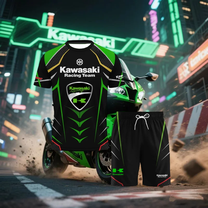 

Мужская и женская новая футболка + шорты, комплект Kawasaki, мотоциклетная графика с 3D принтом, быстросохнущая одежда, 2025 летний мужской спортивный комплект из двух предметов