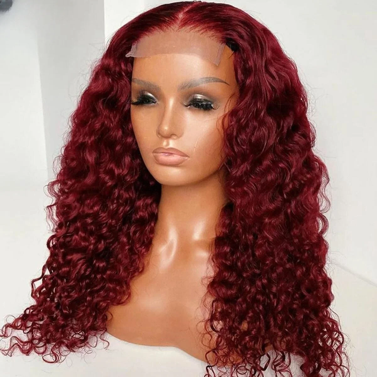 

26Inch 99j Burgundy Soft Long Kinky Curly 180Density Glueless Synthetic Lace Front Wig For Black Women Babyhair PrePlucked