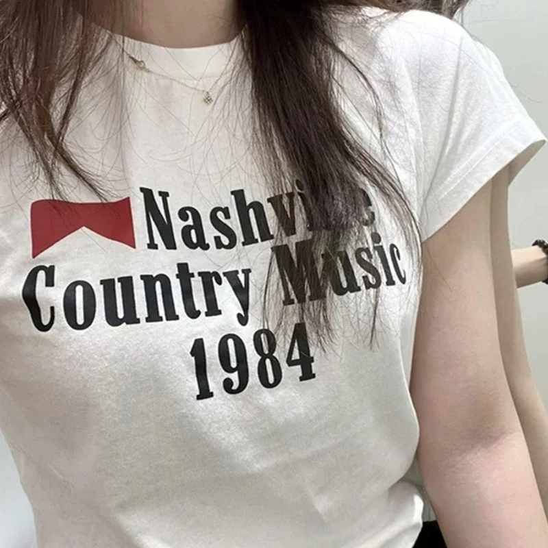 Camisetas informales con estampado de letras para mujer, Top corto Grunge de calle estética Rock, Top Harajuku Retro Punk Y2K, camiseta de manga corta para bebé