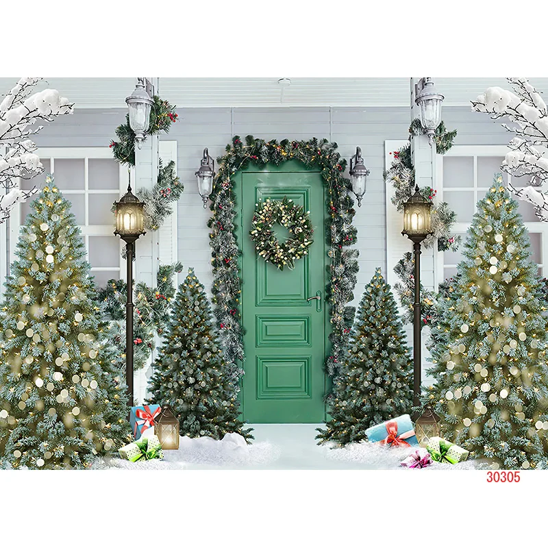 SHUOZHIKE Christmas Tree Photography Backdrop Prop Wooden Doors Snowman Cinema Pine New Year Window Wreath Studio Background