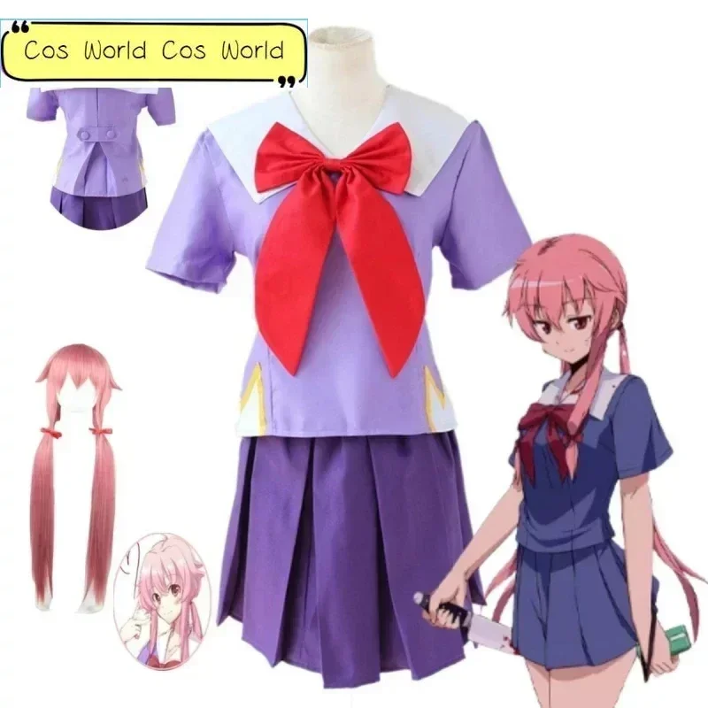 Anime 2nd Mirai Nikki Gasai Yuno Lolita Sailor Cosplay Dress Bow Short Skirt Lolita Dress Wig Carnival Girl Sailor Dress