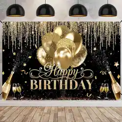 Black Gold Happy Birthday Backdrop Banner Balloon Star Poster Booth Backdrop Birthday photozone Background Wall Party Decor
