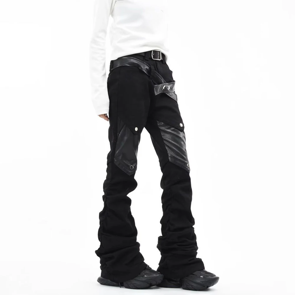 

Mens Pu Leather Patchwork Lace-Up Rock Jeans Spring Streetwear Fashion Youth Y2k Rock Dj Trendy Casual Pants Men'S Clothing 2026