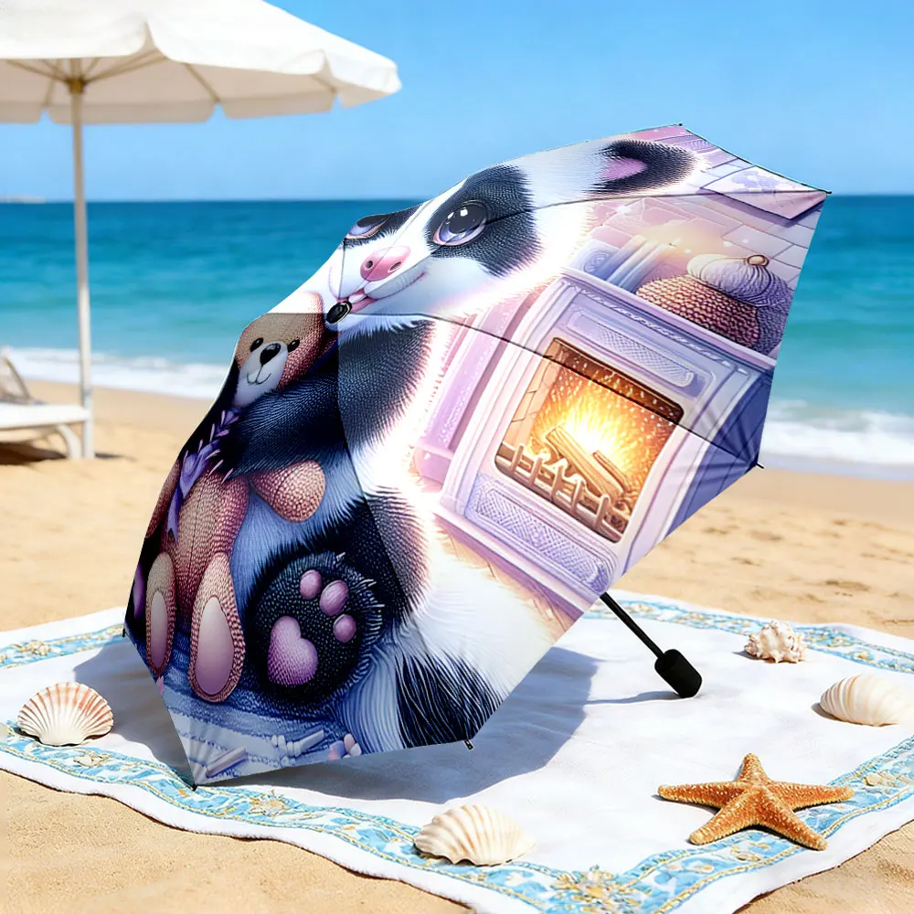 1PC Cute Panda and Teddy Bear Printed Umbrella Outdoors Print 8 Iron Ribs Folding Umbrella Auto-Open Fashion Sunshade