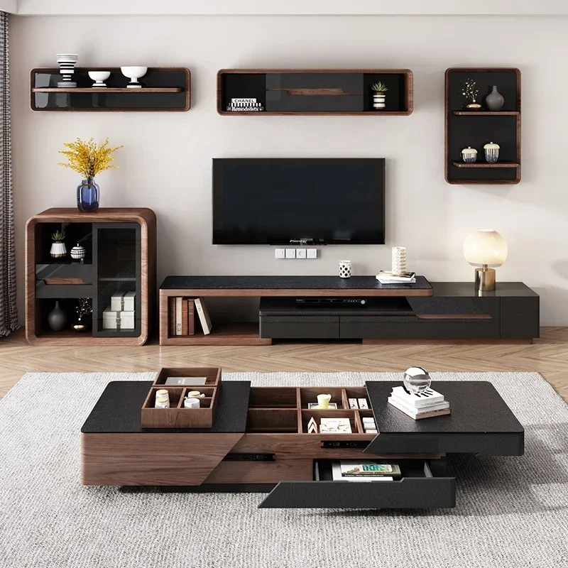 

Modern Living Room Furniture Wood MDF Luxury Sintered Stone Black Coffee Table Storage