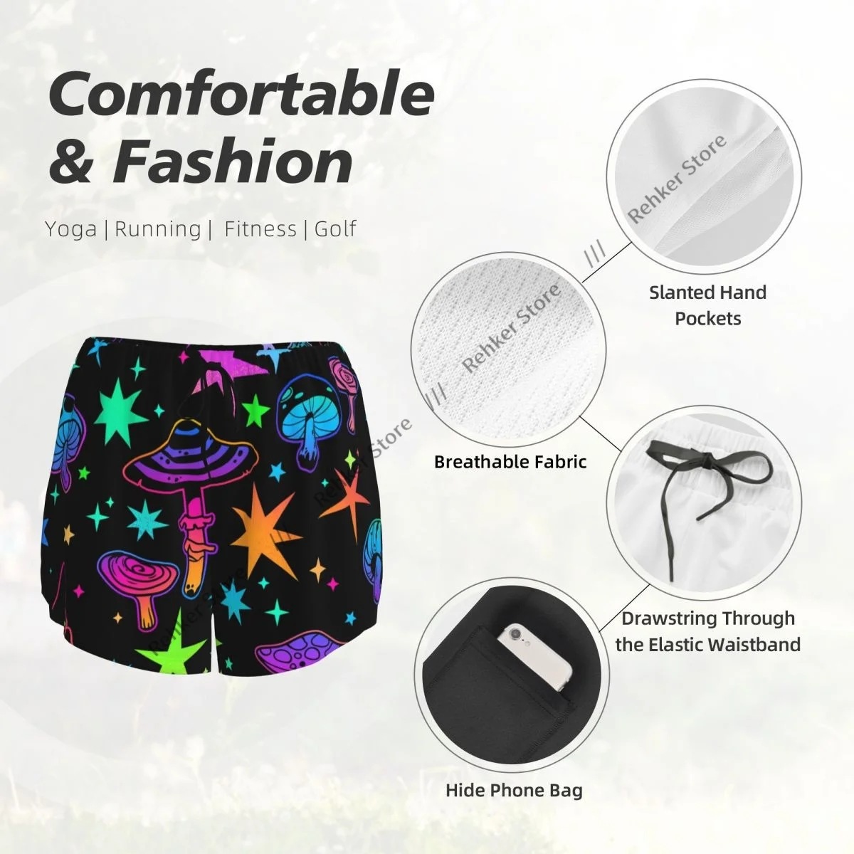 Pantalones cortos deportivos de secado rápido de doble capa para mujer con estrellas y setas psicodélicas para ocio al aire libre, correr, entrenamiento, deporte