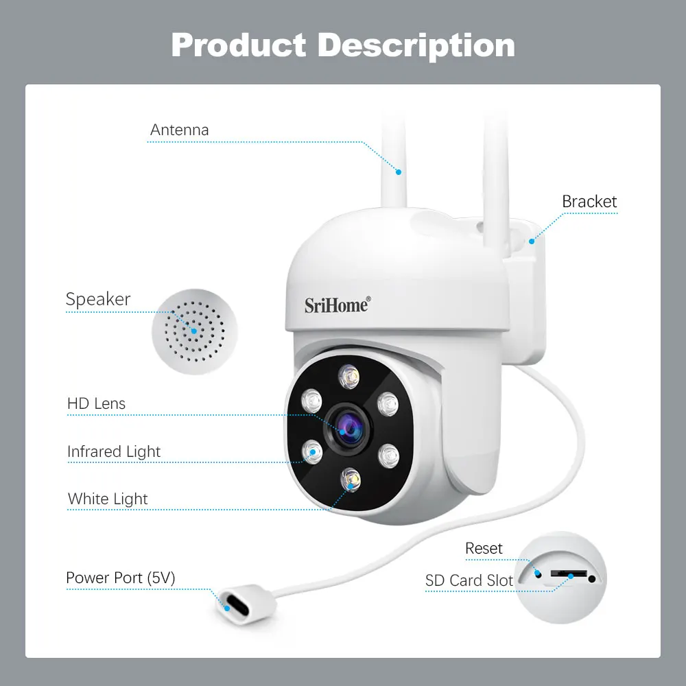 Srihome 2PCS 2MP PTZ WiFi Camera Person Detect Wireless CCTV Video Surveillance Camera Home Security Protection IP Cam
