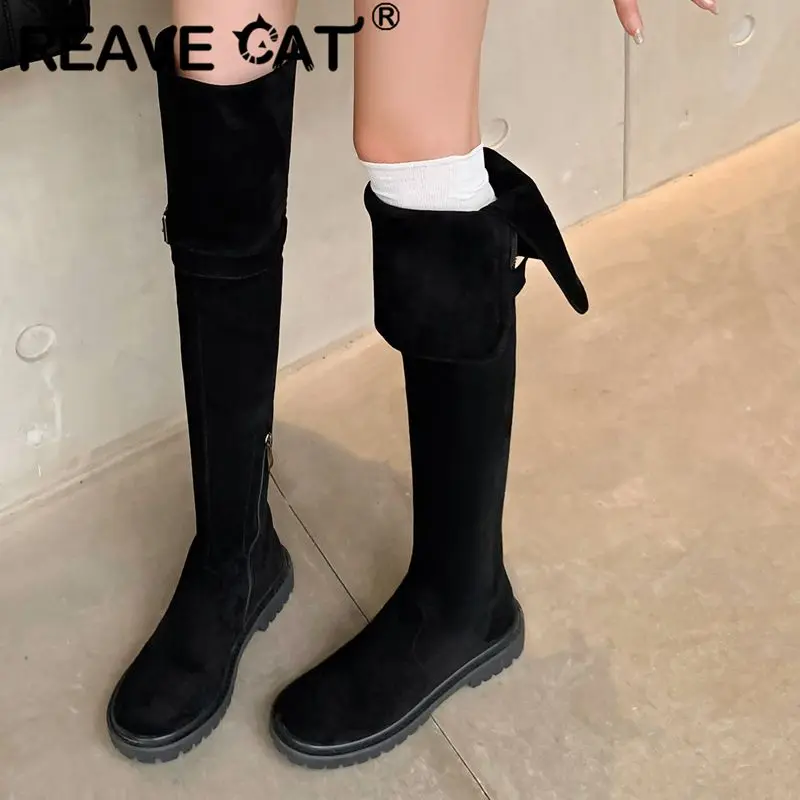 

REAVE CAT Winter Women Thigh Boots Flock Round Toe Flats Zipper Plus Size 41 42 Warm Plush Snow Bota Fashion Daily Female Shoes