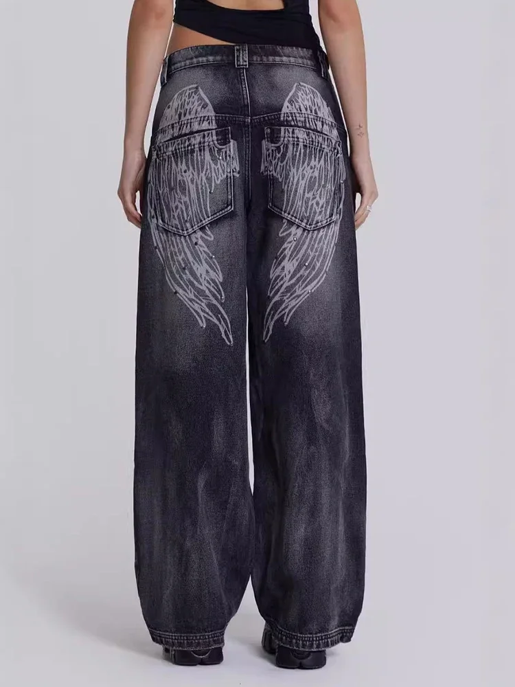 

New Women Y2K Baggy Jeans Harajuku Gothic Wide Pants Streetwear Retro Hip-hop Angel wings Print Pattern Overszied Denim Pants