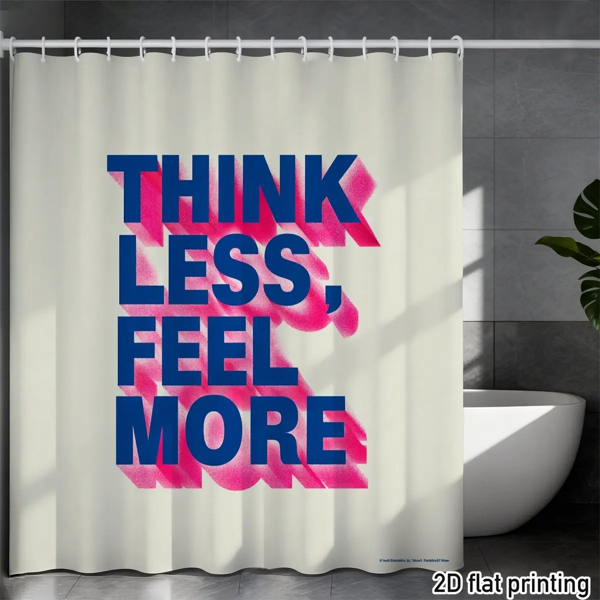 Cortina de Ducha de Poliéster con Diseño 2D Plano, Impermeable, con Ojales, Decoración Motivacional para Baño, Azul y Rosa con Tipografía "Think Less Feel More"