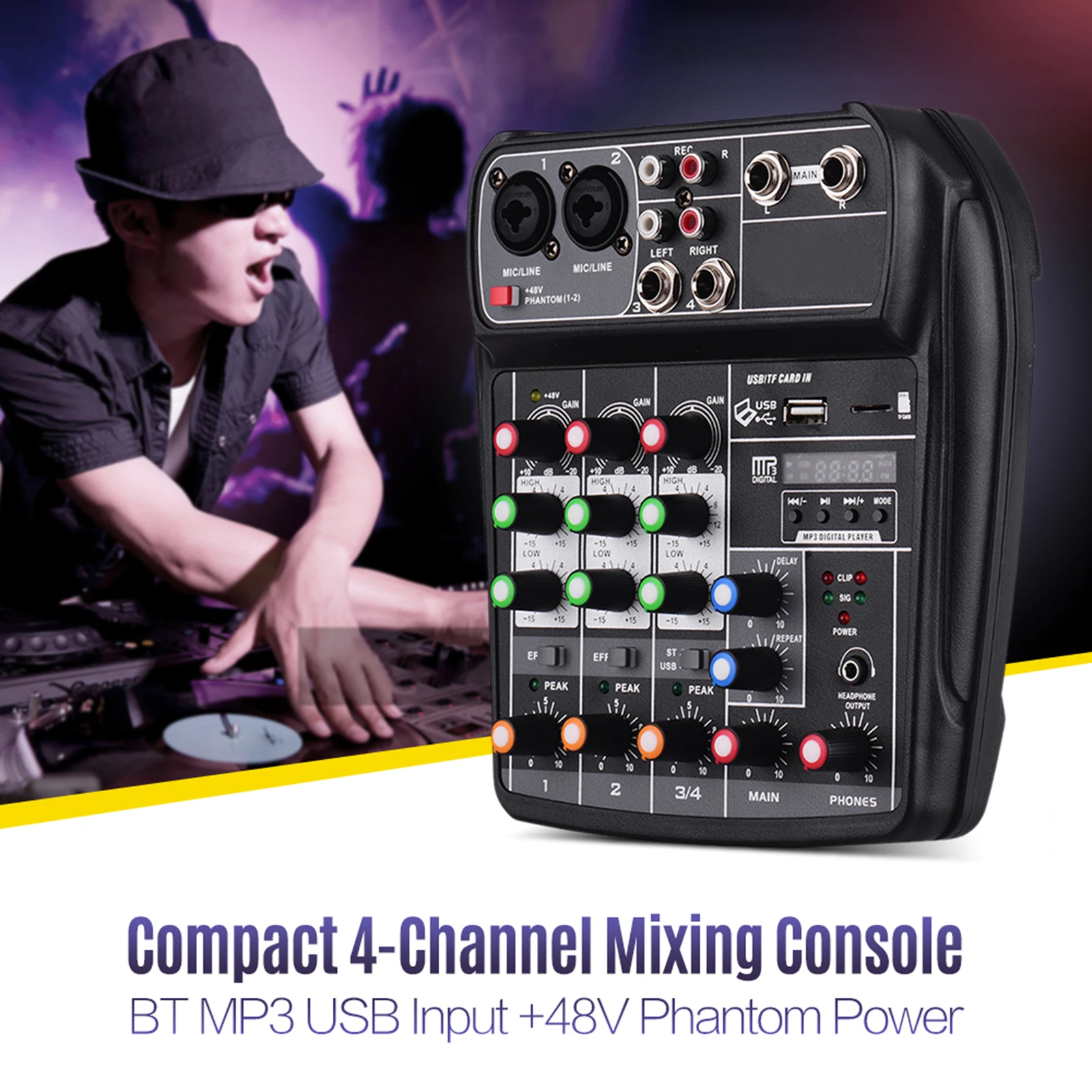 Mixing Console Digital Audio Mixer 4-Channel USB Input 48V Phantom Power for Music Recording DJ Network Live Broadcast Karaoke