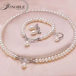 Wedding Pearl Jewelry Sets For Women,925 Sterling Silver Natural Pearl Necklace and Earring Ring Set Wife Engagement Birthday