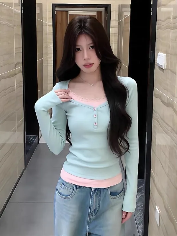 

plus Size Pastel een V-Ne Color Blo Long Sve T-irt Women's Slim Fit Faion Design Spring 2026 Casual Top