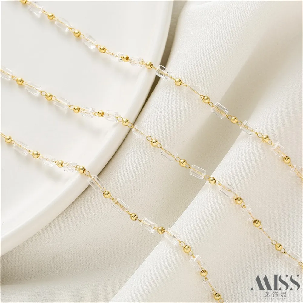 14K Gold Square Tube Crystal Flash Zirconium Round Beads Handmade Chain DIY Bracelet Necklace Ear Jewelry Fringed Accessories