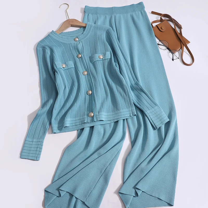 2023 New Fashionable Casual Sports Knitted Two Piece Set Women\'s Single Breasted Round Neck Knit Cardigan + Wide Leg Pants Suits