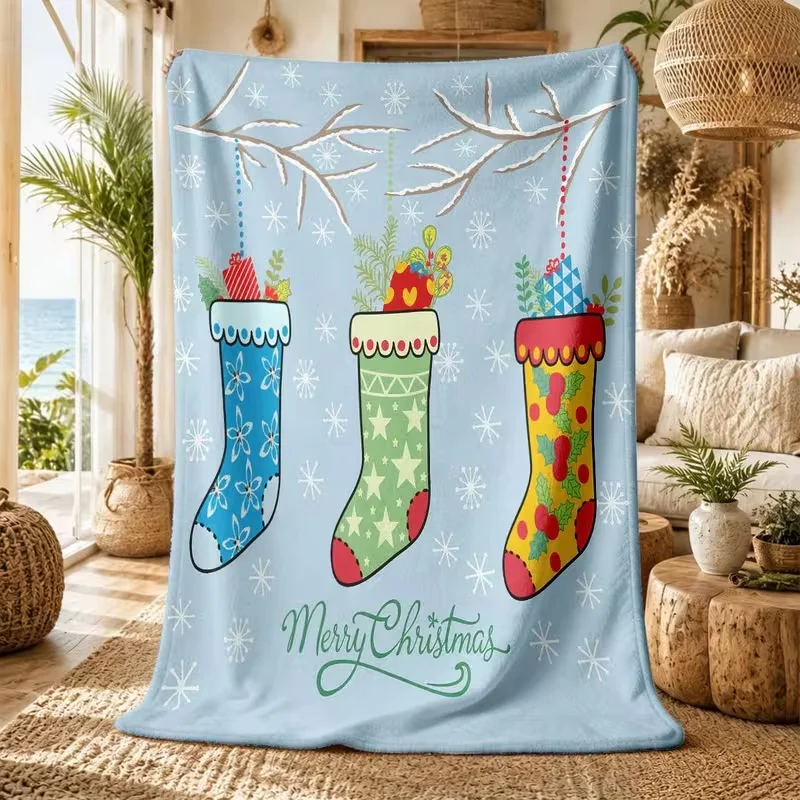 Cute Christmas Stocking Snowflake Print Blanket Light Blue Merry Xmas Sock Gift Box Pattern Soft Warm Holiday Blanket All Season