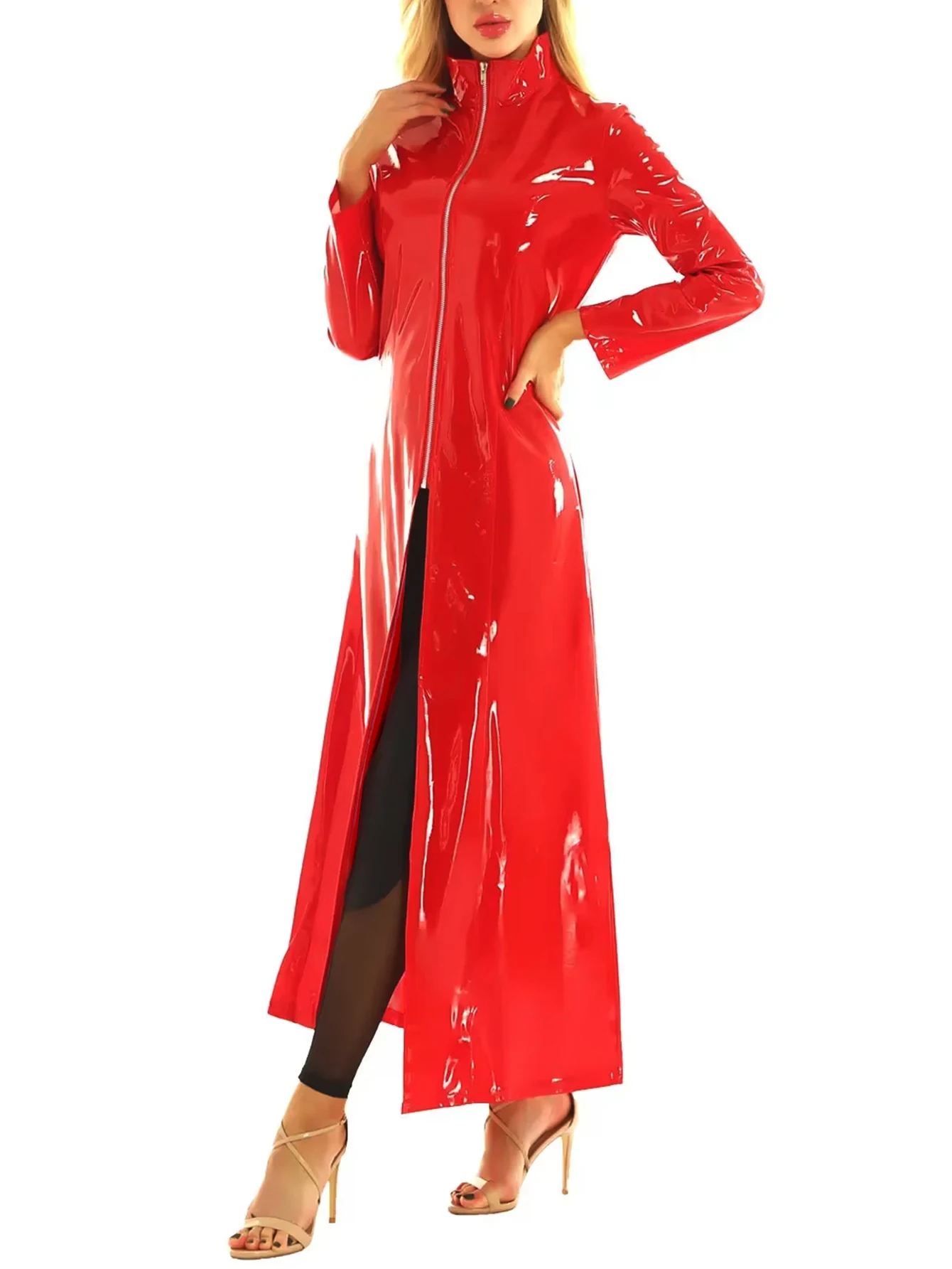 Damen Sexy Glänzender Wet-Look PU-Leder Langer Trenchcoat mit Hohem Kragen und Reißverschluss Vorne Clubwear Party Streetwear Kunstleder-Mantel Neu – Detail 9