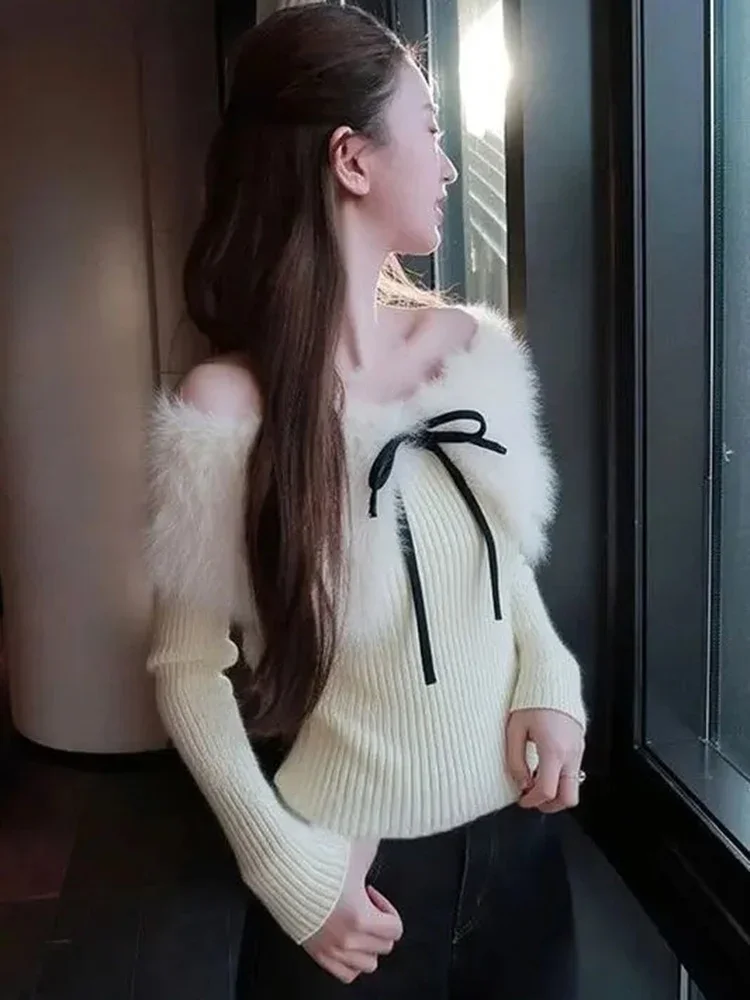 

Y2k Эстетический пушистый лоскутный свитер с вырезом на шее, женский пуловер в стиле Харадзюку с бантом, осень 2021, винтажные облегающие сказочные джемперы