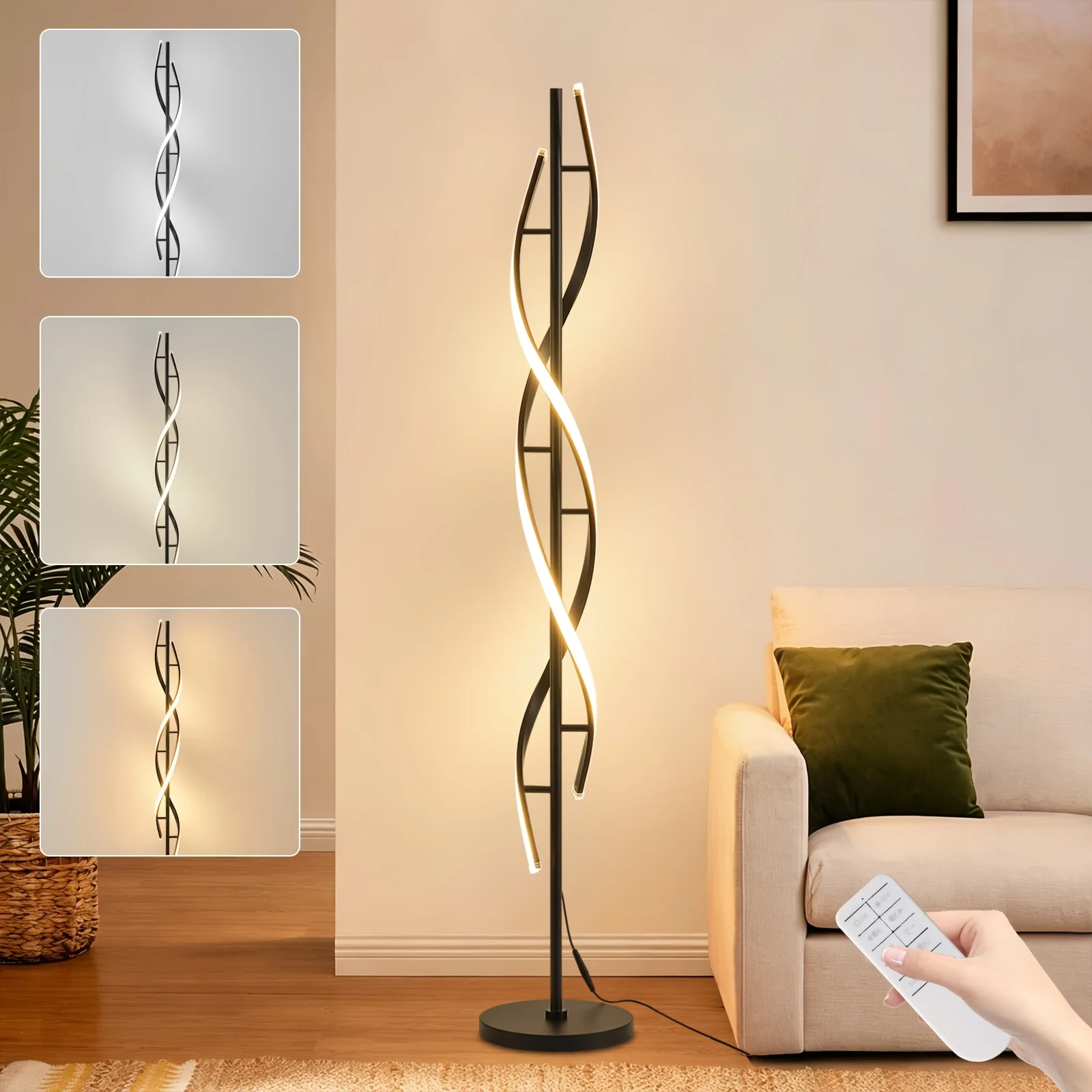 Lampada da terra a spirale moderna con tecnologia LED, 3 temperature di colore e funzione di regolazione dell'intensità luminosa, lampada da terra nera/bianca per angoli, lampada da terra regolabile