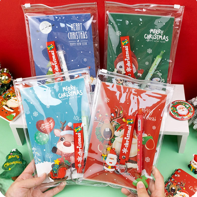 Christmas Stationery Set 3-in-1 - Notebook + Gel Pen + Christmas Keychain, Festive Santa Snowflake Design, Holiday Gift for Kids
