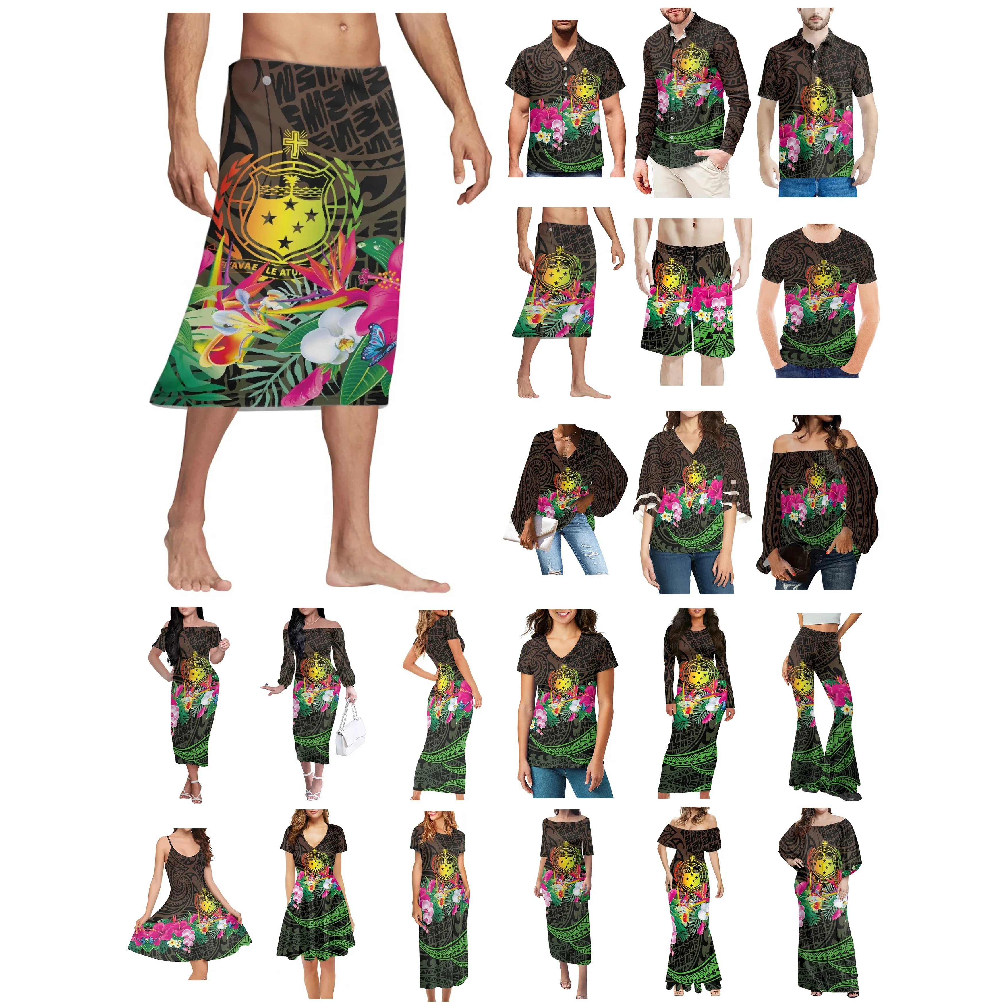 Polynesian Samoa Tattoo Prints Clothes Women Dress Matching Men Shirt High Quality Comfortable Breathable Hibiscus Lovers Clothe