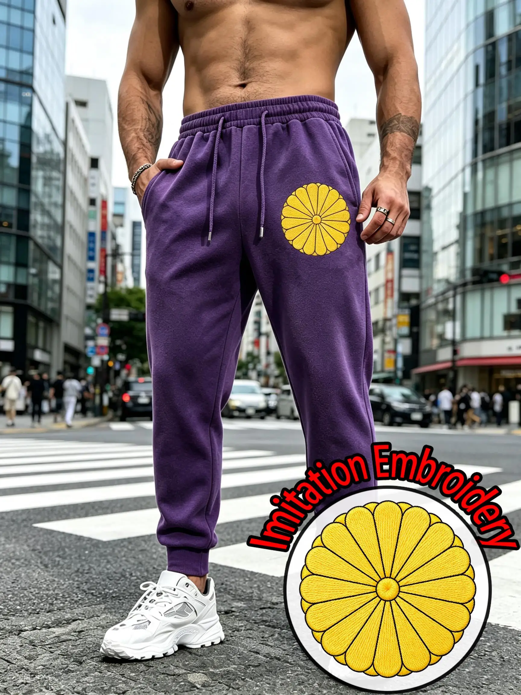 Japan Imitation Embroidery Print Men'S Sweatpant Casual Fleece Pants Pocket Loose Trousers Unisex Fashion Autumn Streetwear