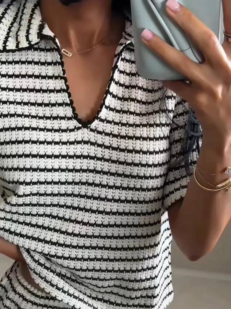 Casual malha listrado calças definir feminino casual solto gola polo camisa de manga curta cordão perna larga calça 2025 verão senhora terno