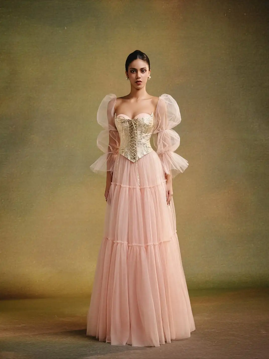 Elegante blush rosa tule vestido de baile com brocado ouro espartilho sheer puff mangas vestido de noite vestido de baile vestidos de casamento plus size