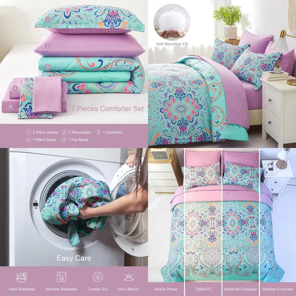 

Комплект одеял Queen из 7 предметов в стиле бохо цвета морской волны и сиреневого медальона с простынями, всесезонное постельное белье из микрофибры