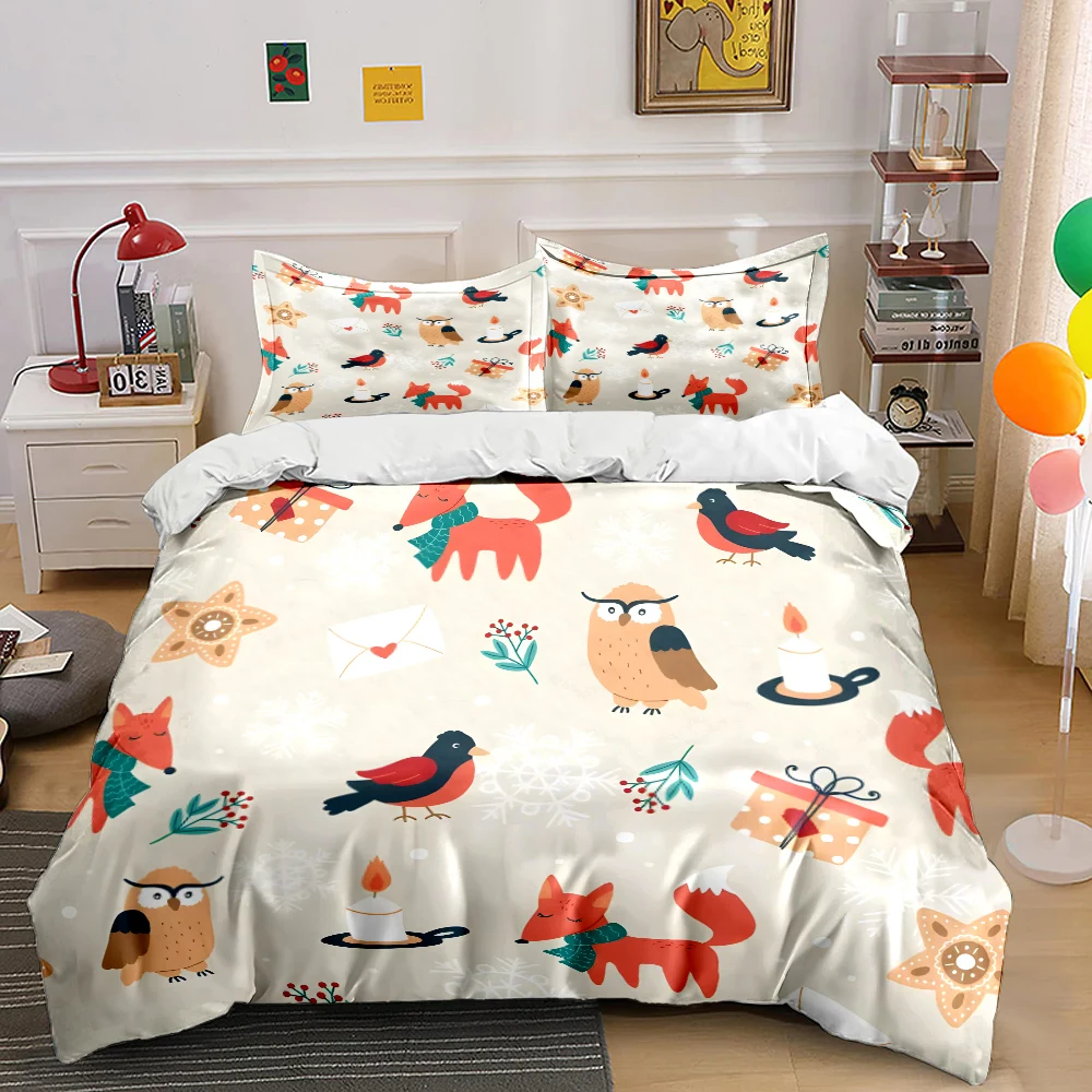 Festive animals and snowflake pattern Print Bedding Set 1 Duvet Cover 2 Pillowcases for Adult and Children Luxury Gift Full Size
