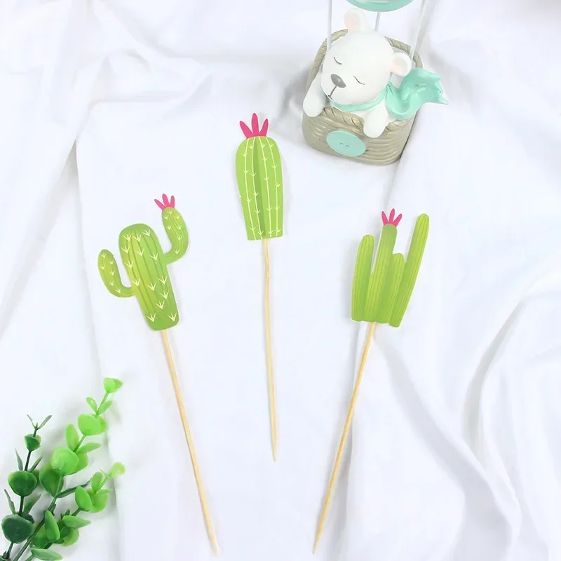 Green Cactus Cake Topper Happy Birthday Personality Plant Cupcake Toppers Kids Party Wedding Decor DIY Baby Shower Supplies