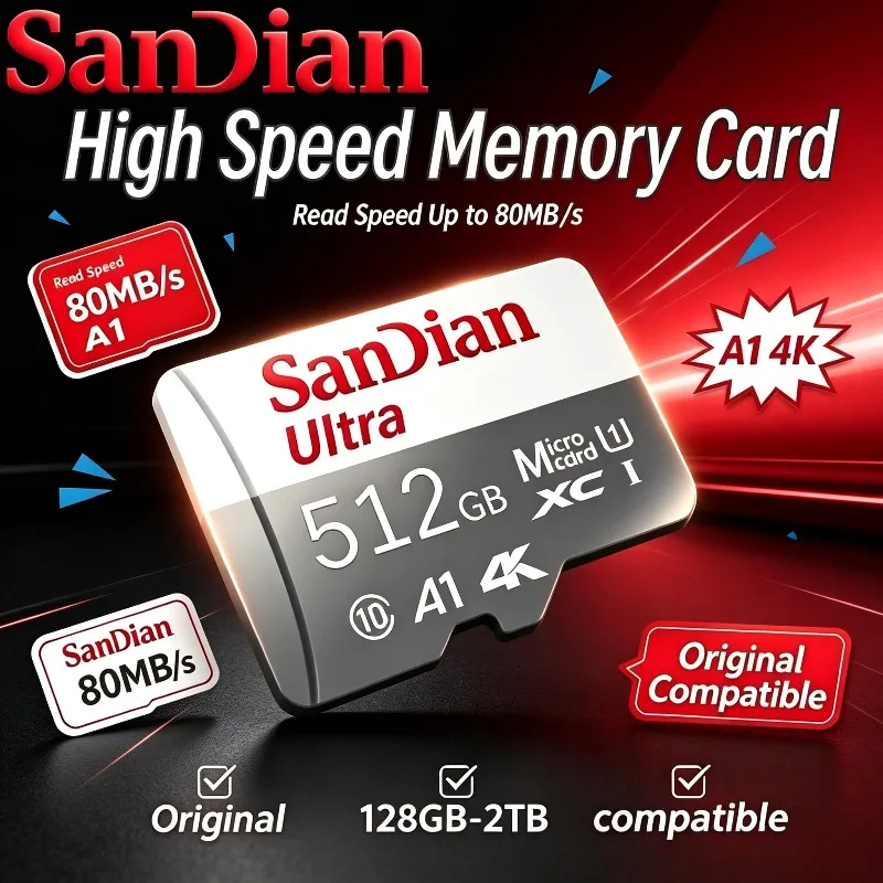 Sandian Memory Card Micro TF SD Card TF Cards 128GB/256GB, A2 U3 High Transfer for Laptop & Camera.