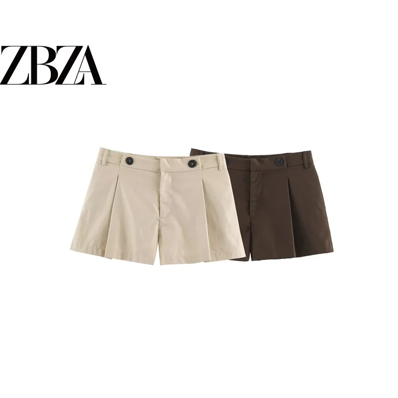 Fashionable Casual Pleated Straight Leg Short Pants Women's Polyester Fiber Natural Waist Autumn Season European Style Shorts