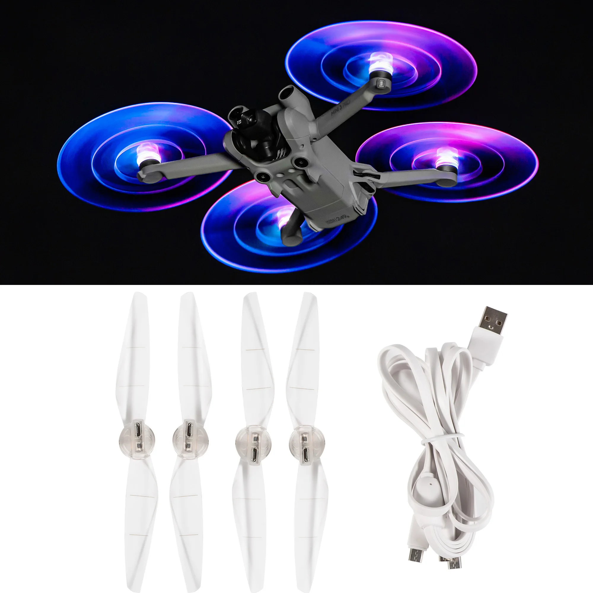 4pcs Mini 4 Pro Rechargeable LED Light Flash Low-Noise Quick-Release Propeller for DJI Mini 3 Pro/Air 3 Drone Accessories