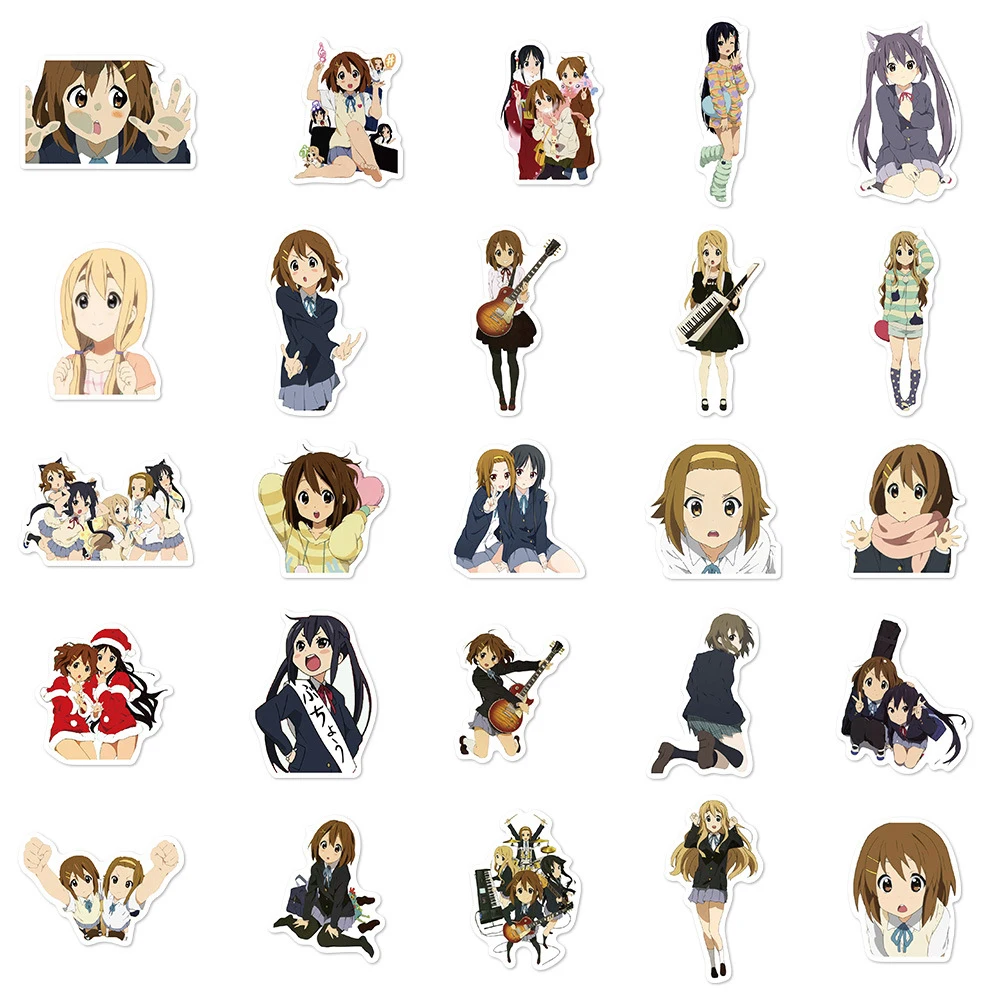 K-On Anime Adesivos para Decoração de Guitarra, Hirasawa Yui Akiyama Mio Adesivo, Tainaka Ritsu Kotobuki Tsumugi Decalques, 10 pcs, 30 pcs, 50pcs