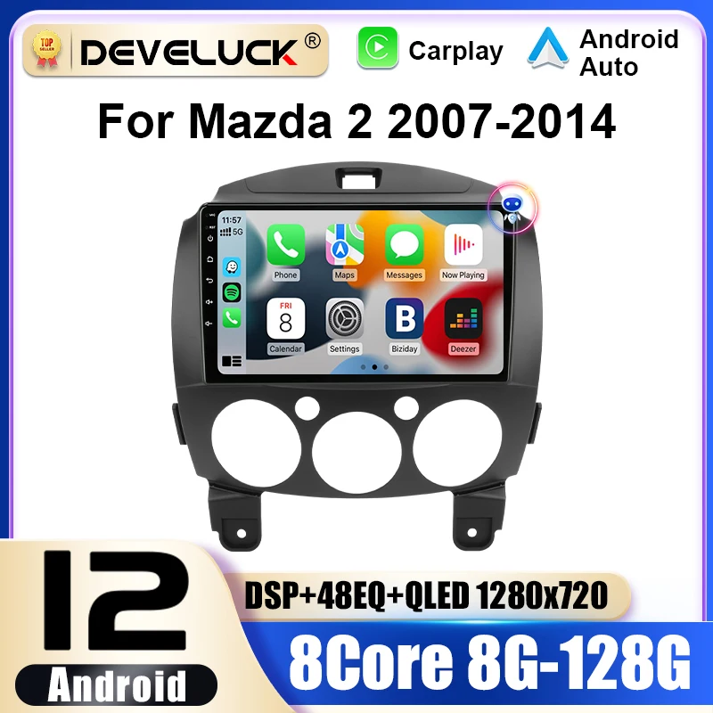 Radio con GPS para coche, reproductor Multimedia con Android 12, 2 Din, 4G, Carplay, estéreo, unidad principal, para MAZDA 2, Mazda2, 2007-2014