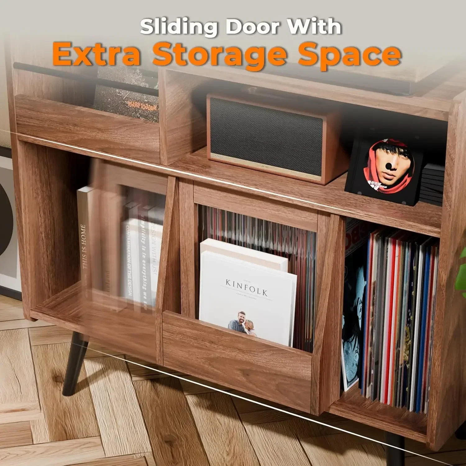Loomie Upgraded Large Record Player Stand,Turntable Stand Shelf with with Power Outlet and LED Light,Vinyl Record Storage Cabine