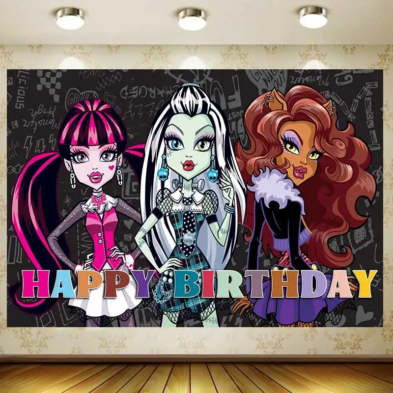 Tapisserie de fête d'anniversaire haute résolution, dessin animé fille monstre Vampire, fournitures de bannière, arrière-plan de décoration pour fête prénatale pour enfants