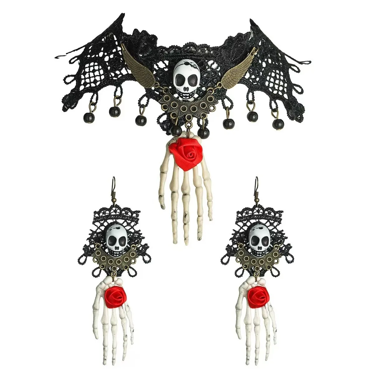 

Skull Skeleton Hand Pendants Necklace Earrings Jewelry Set Lace Clavicle Chain Halloween Gothic Choker witch Cosplay Accessories