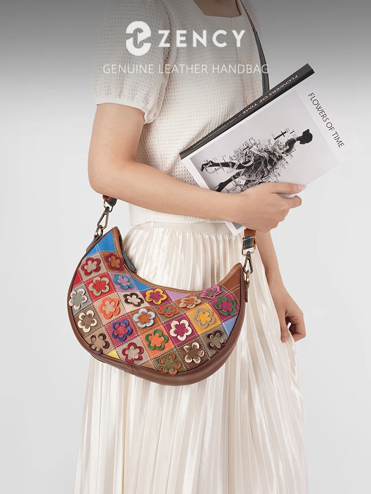 Zency New Stylish Women's Soft Cowhide Leather Shoulder Bag Crossbody Satchels Leather Hobo Bag Cowhide Natural Bag Floral