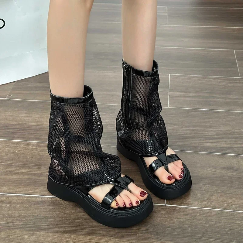 2024 Women Sandals Black Peep Toe Flat Platform Fashion Gladiator Summer Mesh Boots Ladies Designer Zipper Trend Shoes Sandalias