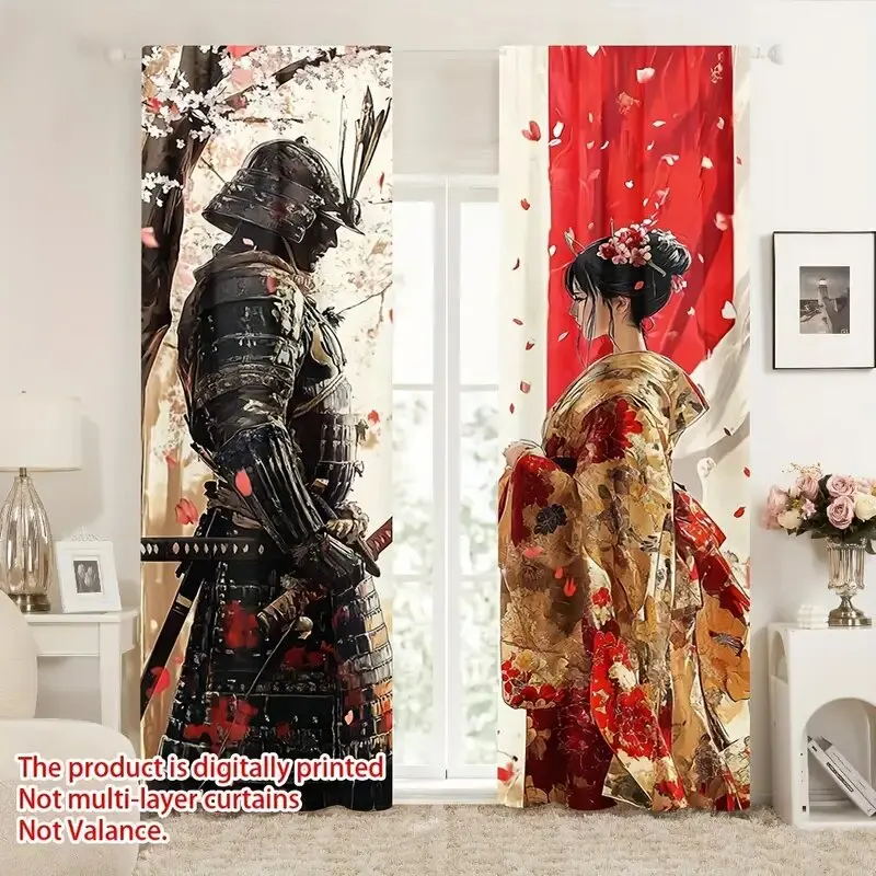 2 pieces - Japanese samurai Geisha pattern Christmas printed curtains, pole bag curtains, home decoration, room decoration,