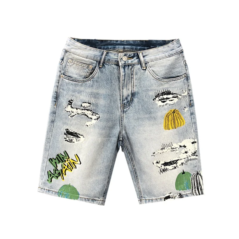 New Denim Shorts For Men'S High-End Casual Slim Fit Straight Fit Elastic Loose Print Light Luxury Fashion Versatile Washed Denim